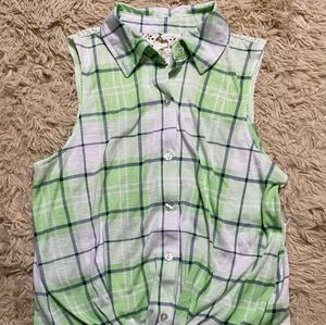 Plaid Green Shirt Sleeveless Buttons Down Collar Laced BackTop/SizeXL